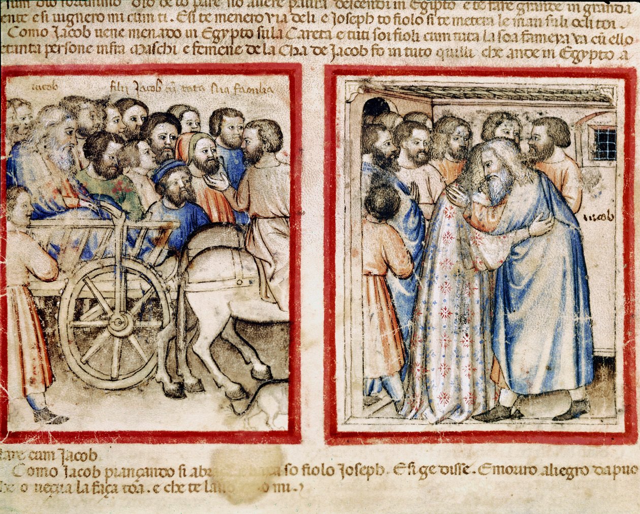 Jakobs afgange til Egypten og hans genforening med sin søn Joseph Miniature fra codex 212 (eller padovano codice eller Bible of Padua) 1390-1400 Rovigo, Accademia dei Concordi af Unknown artist