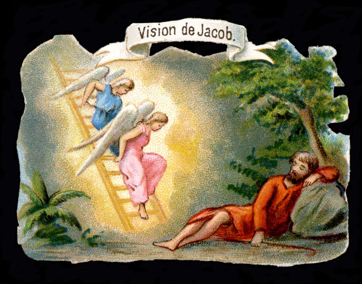 Jakobs syn repræsenteret af engle, der stiger ned fra himlen ved en stige. Kromolitografi af det 19. århundrede. af Unknown artist