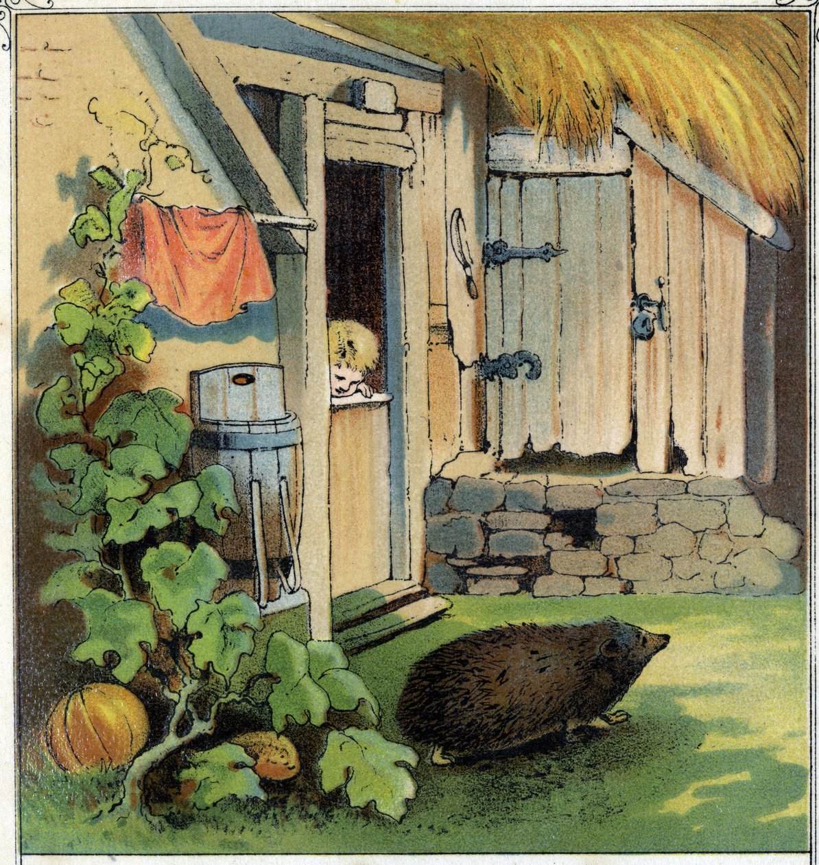Jacques observerer en herisson, der krydser gården til sit hus. Kromolitografi fra "" Scenes enfantines "", red. Guerin - Muller omkring 1885. af Unknown artist