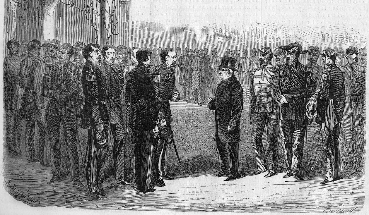 Januar 1873: Adolphe Thiers (1797-1877), fransk politiker, republikkens præsident ledsaget af krigsministeren og general Hartung besøger Ecole Polytechnique. Stik fra 1873. af Unknown artist