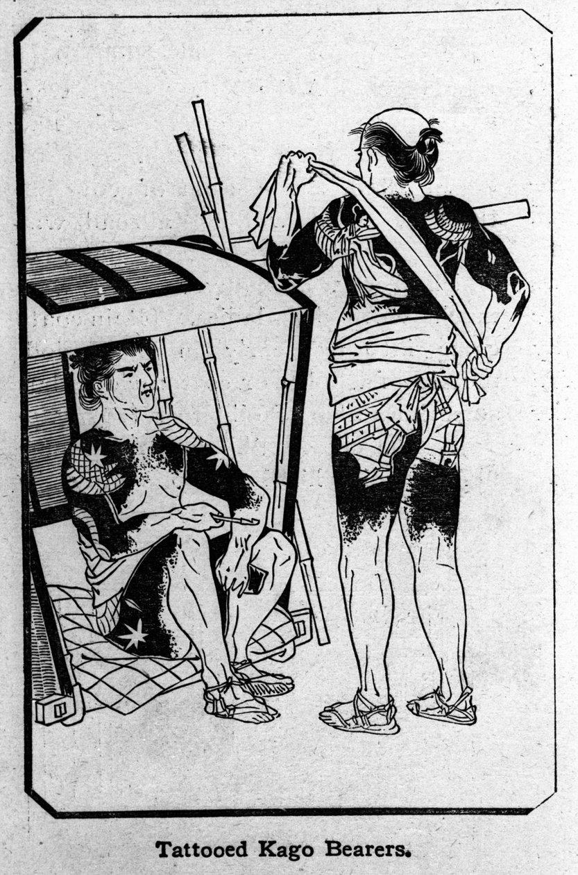 Japan. Kago-bærere fuldt tatoveret. Tegning. af Unknown artist