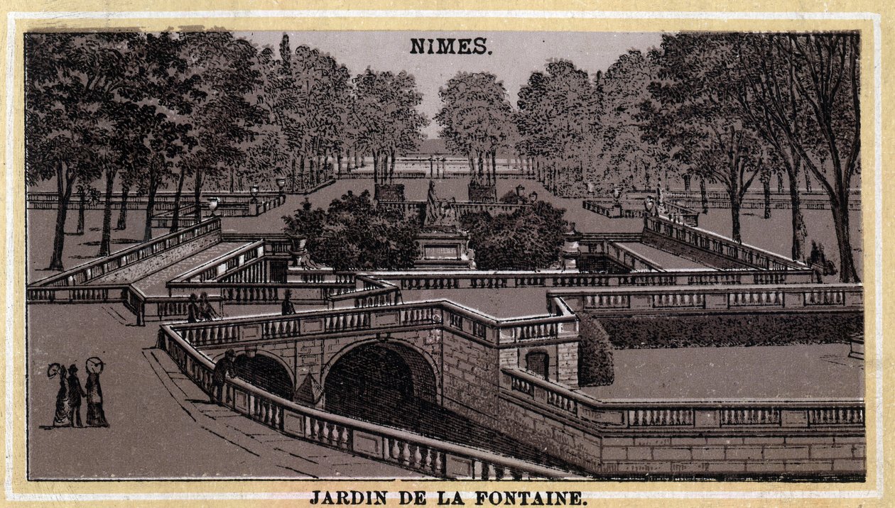 Jardin de la Fontaine i Nimes (Gard, Languedoc-Roussillon). Kromolitografi i slutningen af ​​det 19. århundrede. af Unknown artist