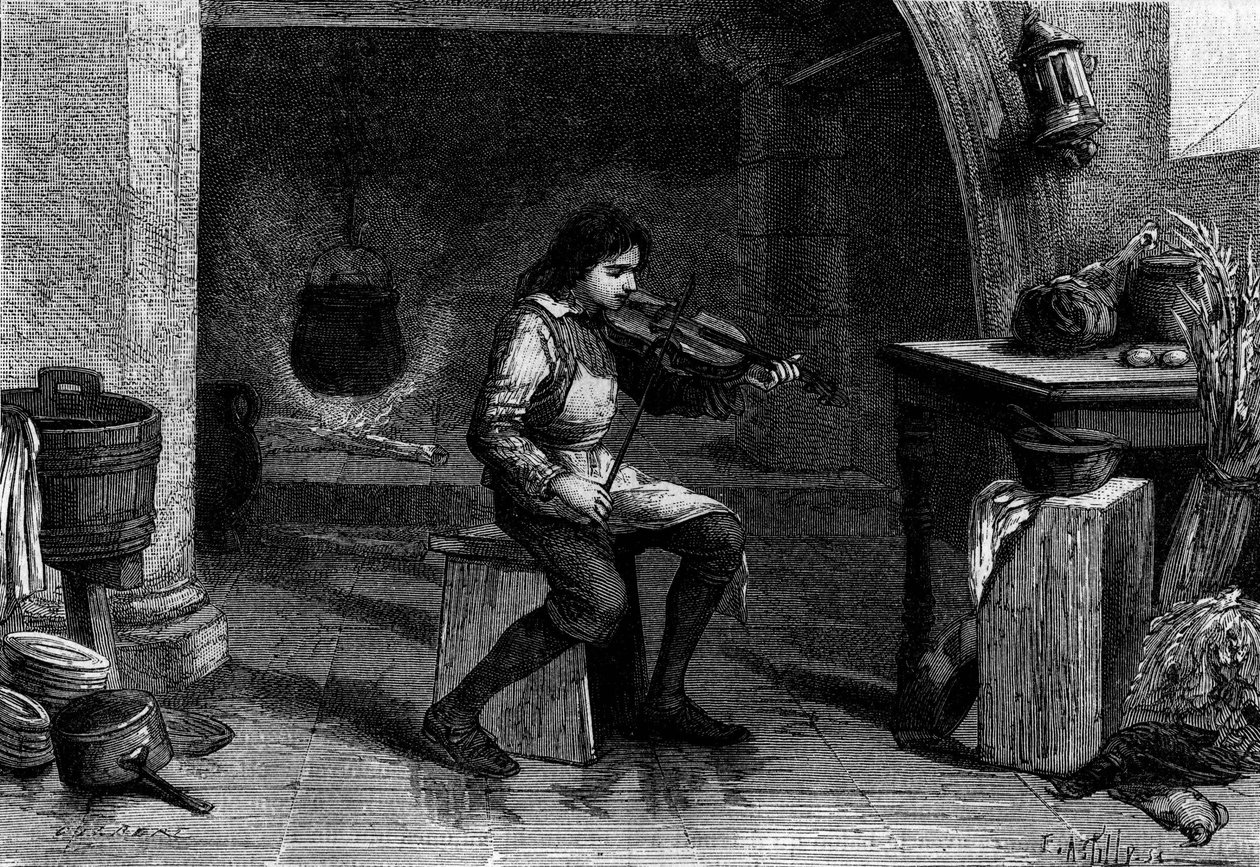 Jean Baptiste Lully (Giovanni Battista Lulli), barn, spiller violin i Mademoiselle de Montpensiers køkken. Gravering af Unknown artist