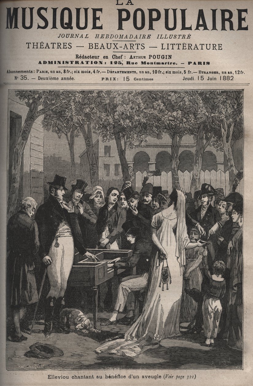 Jean Elleviou, fransk sanger, komiker og librettist (1769-1842) sang til fordel for en blind mand i 1801 på Champs-Elysees - indgravering i "La musique populaire"" ugentligt tidsskrift berømt - 1882 af Unknown artist