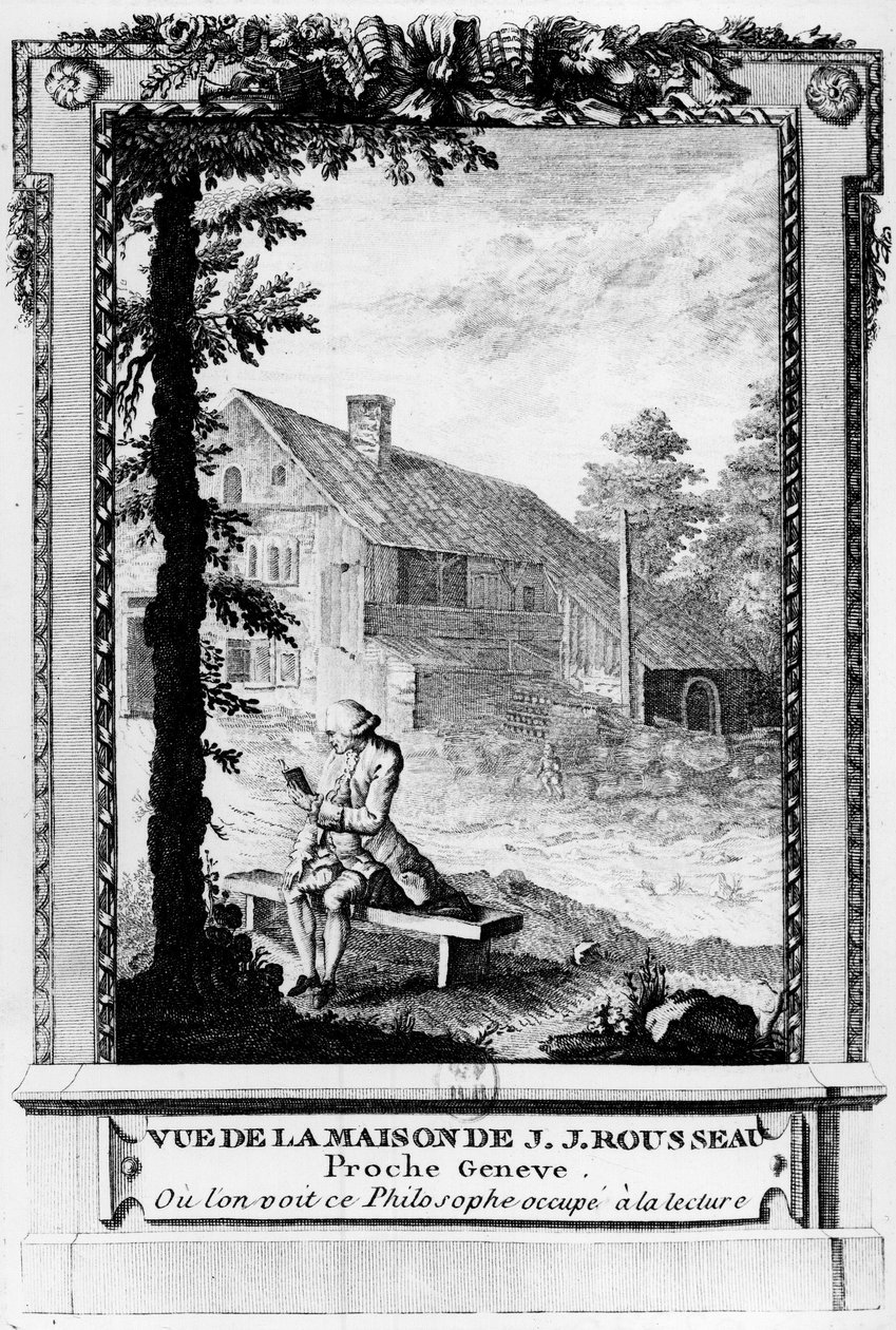 Jean Jacques Rousseau (1712-1778), fransktalende Genève-forfatter og filosof; set fra hans hus (nær Genève). af Unknown artist