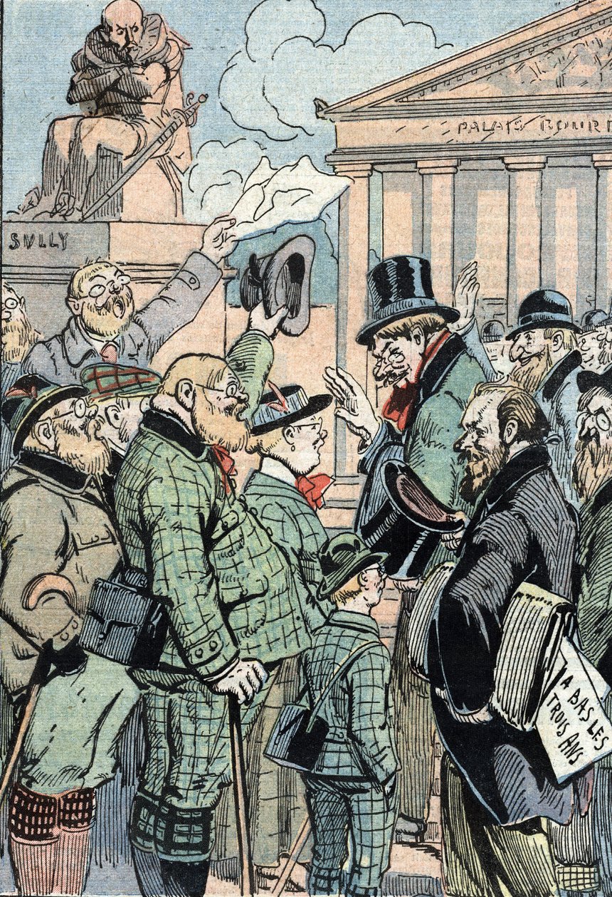 Jean Jaures Unified Socialists Opposes the Three Years Law (Military Service) represented by Germans, June 1914 (Tysk støtte til unified socialists ledet af Jean Jaures mod loven om de tre år, juni 1914) Tegneserie fra "Le pelerin" 19/07/1914 Co af Unknown Artist
