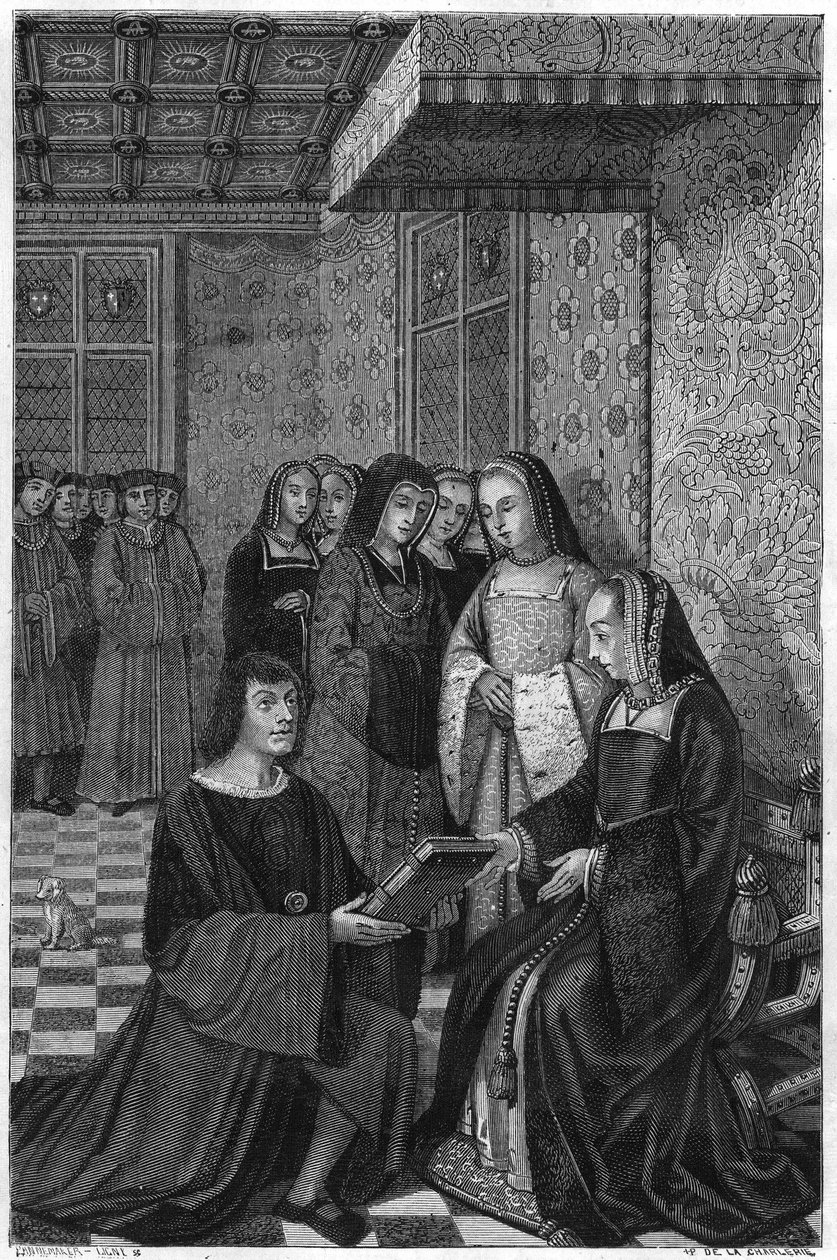 Jean Marot, digter (1463-1526), tilbyder et bind poesi til Dronning Anne af Frankrig. Indgravering af det 19. århundrede. af Unknown artist
