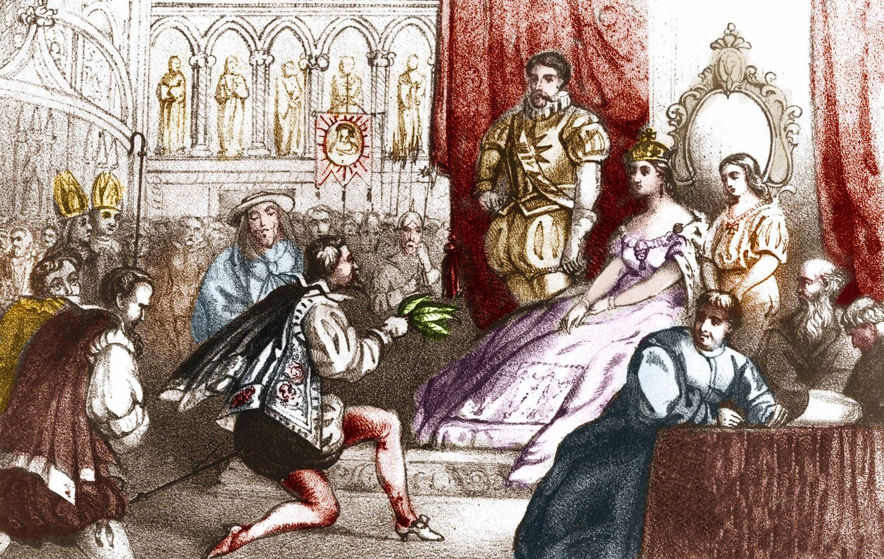 Jean Nicot præsenterer tobaksplanten til Catherine de Medicis (Caterina de medici) og til Grand Prior i House of Lorraine. 16. århundrede. Indgravering af det 19. århundrede af Unknown artist