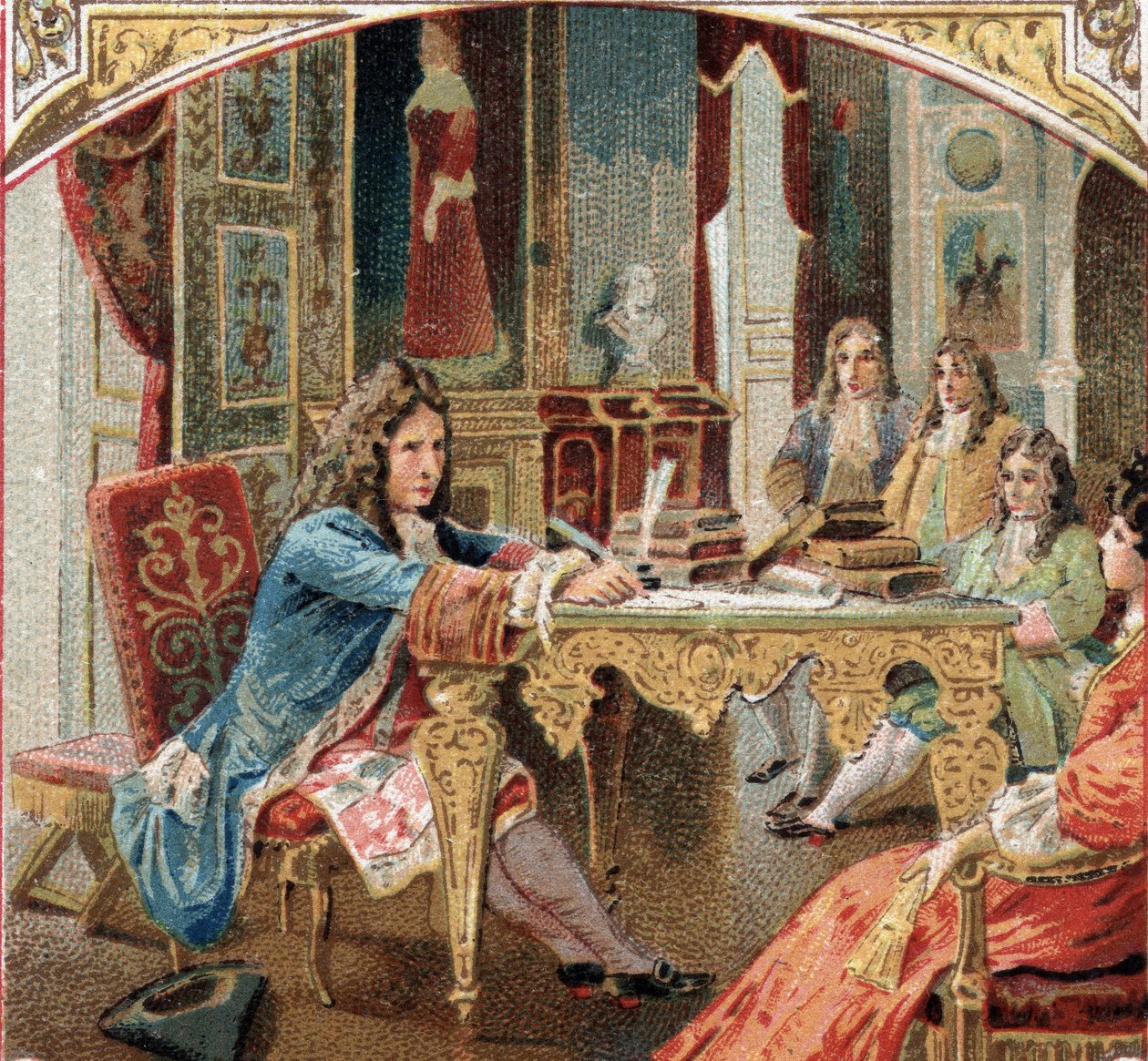 Jean Racine (1639-1699) komponent "Esther" og "Athalie" på Maintenon Castle. Kromolitografi i slutningen af det 19. århundrede af Unknown artist