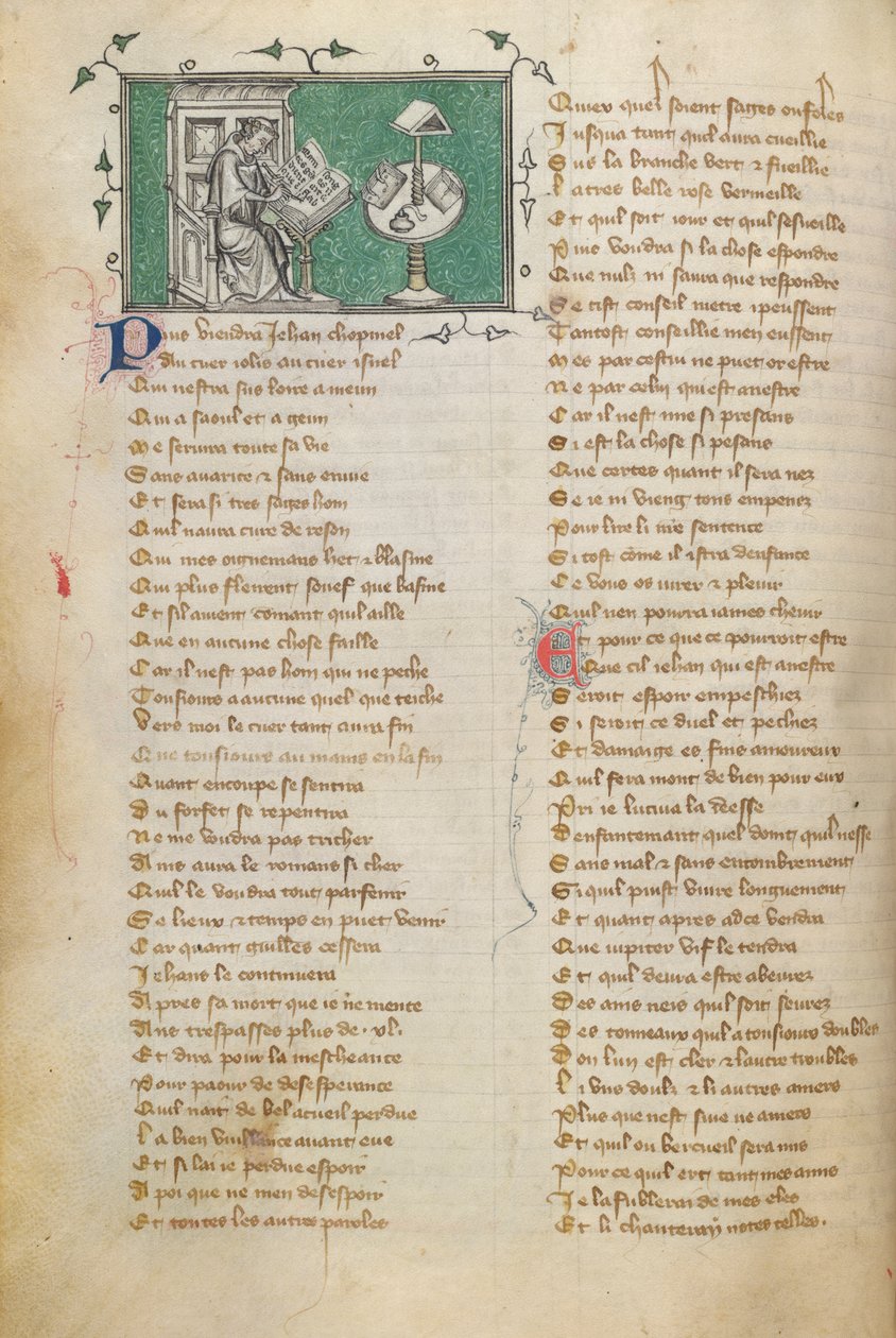 Jean de Meun skriver åbningsordene til sit digt (som begynder på f. 28), i Roman de la Rose af Unknown artist