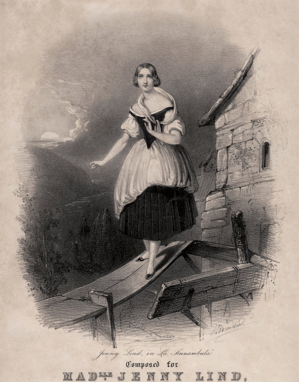 Jenny Lind, svensk sopran, i søvngængerscenen i Bellinis La sonnambula af Unknown