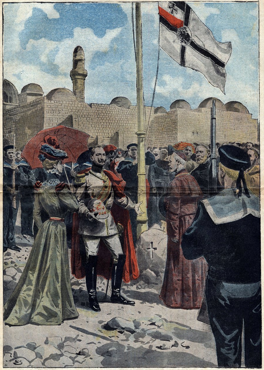 Jerusalem - Allehelgen 1898: Vilhelm II (1859-1941), kejser af Tyskland og konge af Preussen, tager besiddelse af "dormitionens land", nær Cenacle, for sine katolske undersåtter, før Monsignor Luigi Piavi, patriark af Jerusalem . Illustration i af Unknown artist