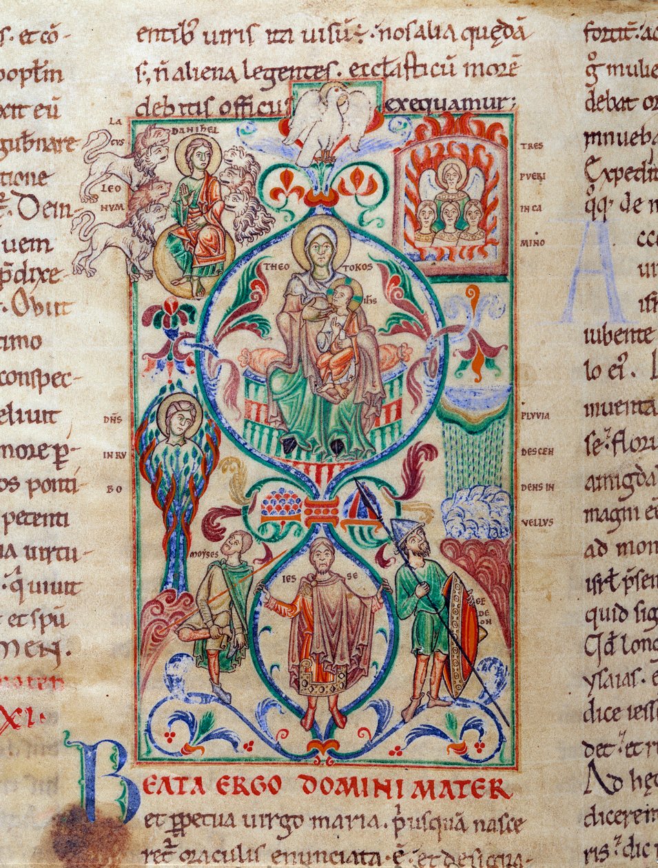Jesse træ omgiver symboler på jomfruelighed Jomfruen er designet af navnet byzantinsk af Theotokos. Miniature taget fra "Lectiaire de Citeaux"" Dijon fra det 12. århundrede, kommunalt bibliotek af Unknown artist