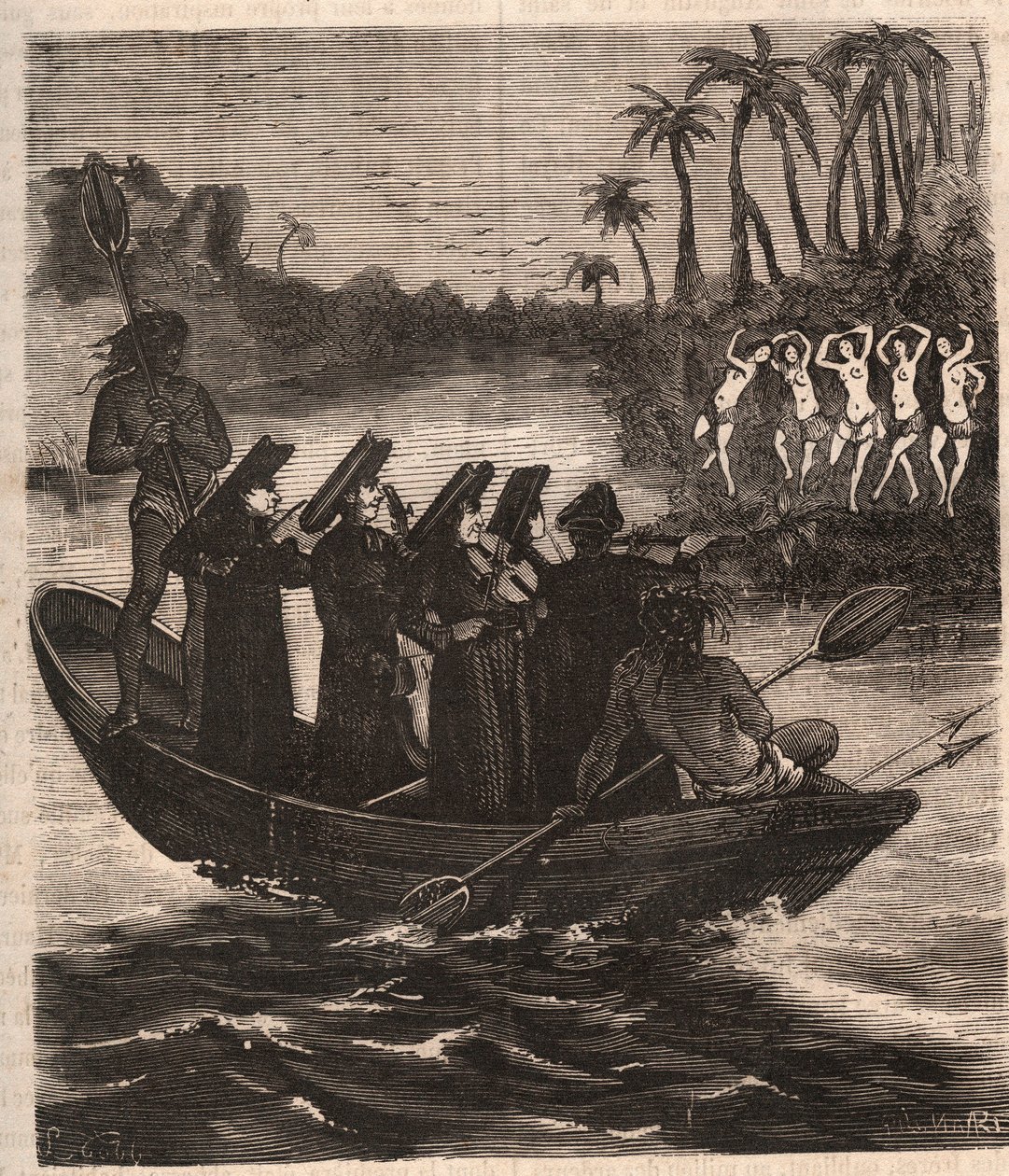 Jesuitermissionærer ankommer med båd blandt Guarani-indianerne i Paraguay i 1553 - Indgravering af 1879 i "History of Secrete, Political and Religious Societes" af Pierre Zaccone (1817-1895) af Unknown artist