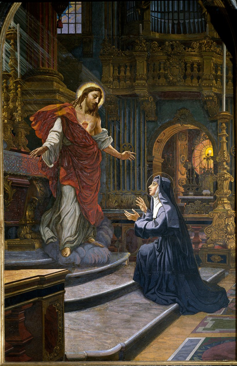Jesus viser sig for Saint Margaret Mary (Margaret Mary) Alacoque (1647-1690) mystisk af Mosaic Visitation Order. Peterskirken i Rom (Vaticano, San Pietro) af Unknown artist