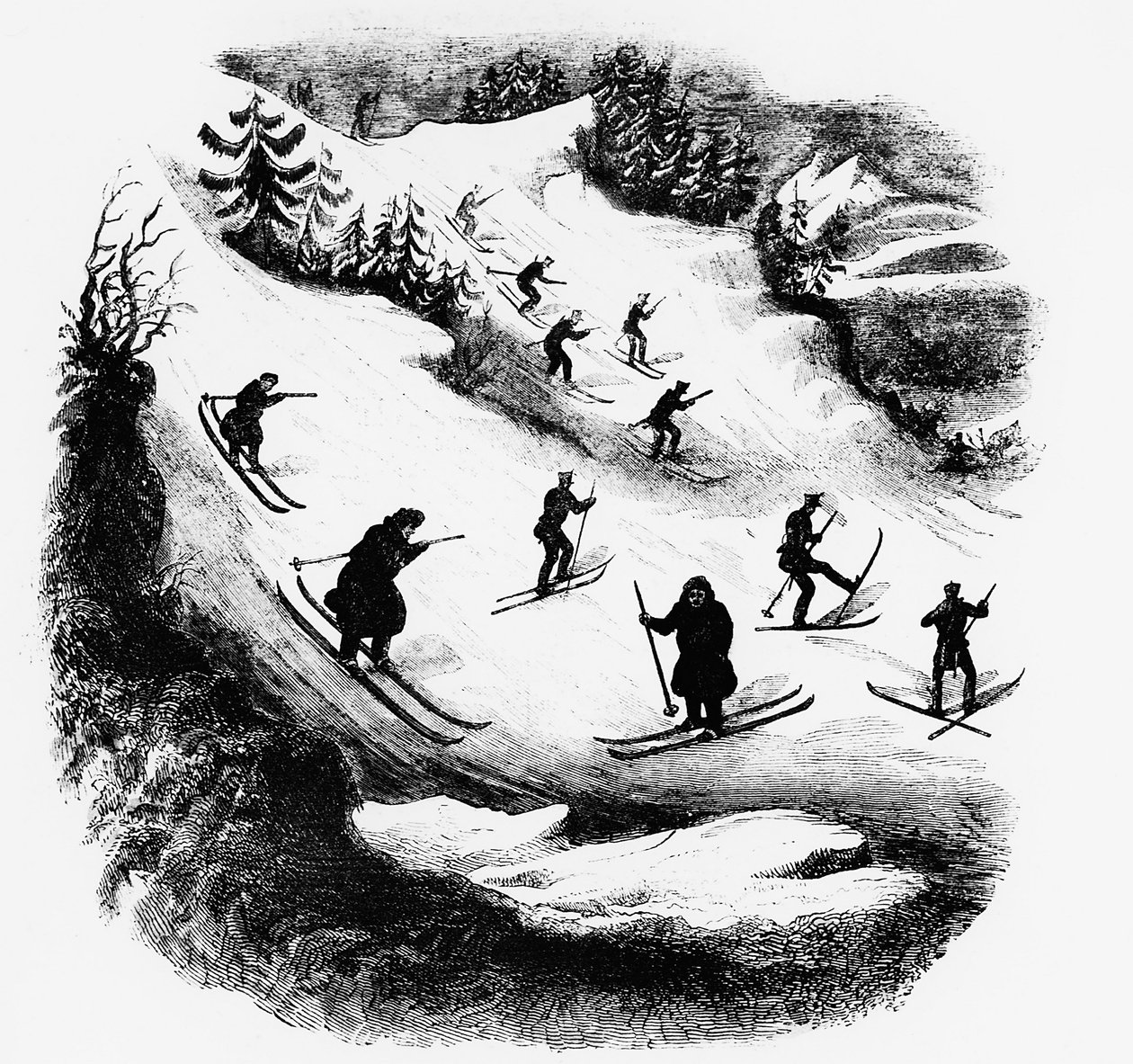 Jeux du Nord: skiløbere ned ad et spor - gravering, slutningen af det 19. århundrede. af Unknown artist