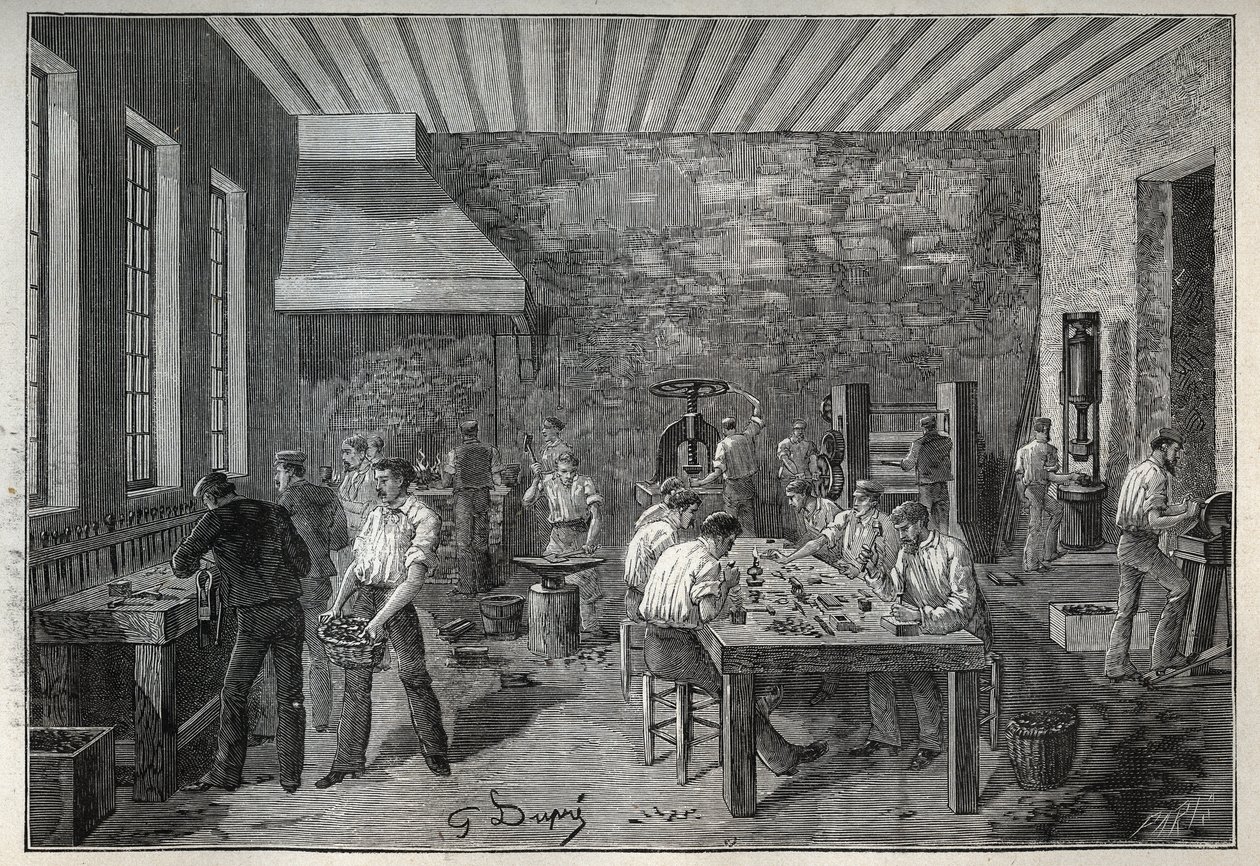 Smykker: stålsmykkefabrik. Indgravering fra 1885 i "" Les arts et metiers illustres"" af Adolphe BITARD. af Unknown artist