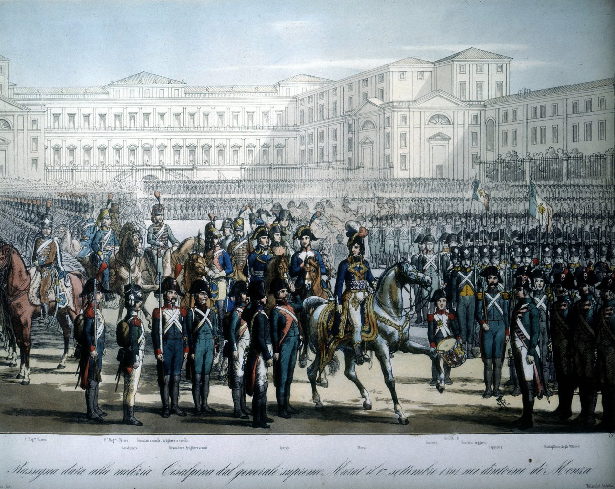 Joachim Murat (1767-1815), udnævnt til marskal af Frankrig og konge af Napoli af Napoleon, gennemgår tropperne i Den Cisalpine Republik af Unknown artist
