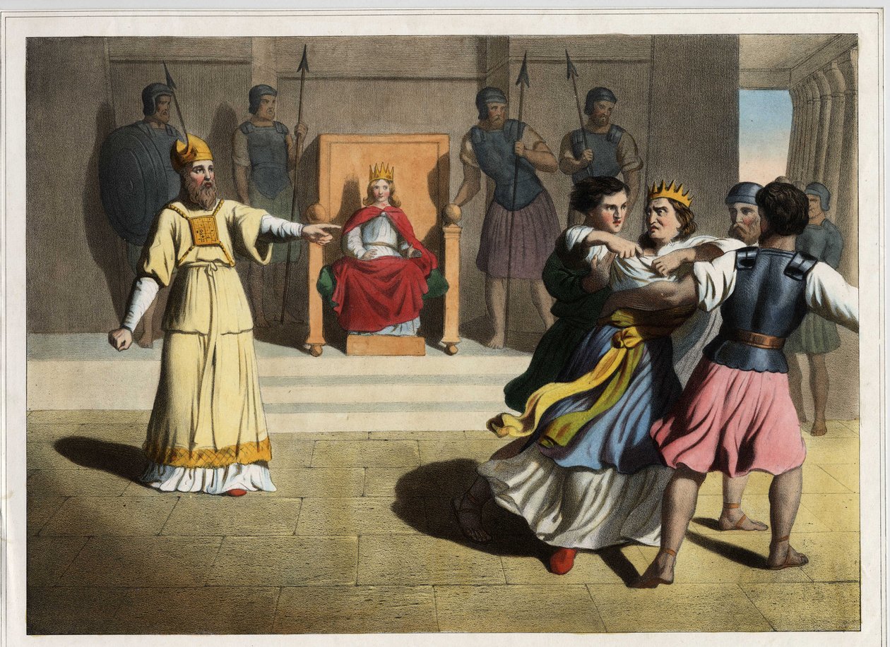 Joash (Jehoash) jagede ud af tronen og beordrede dronning Athalias død med hjælp fra præsterne og blev dermed konge af Juda. Anonym stik fra midten af 1800-tallet. af Unknown artist