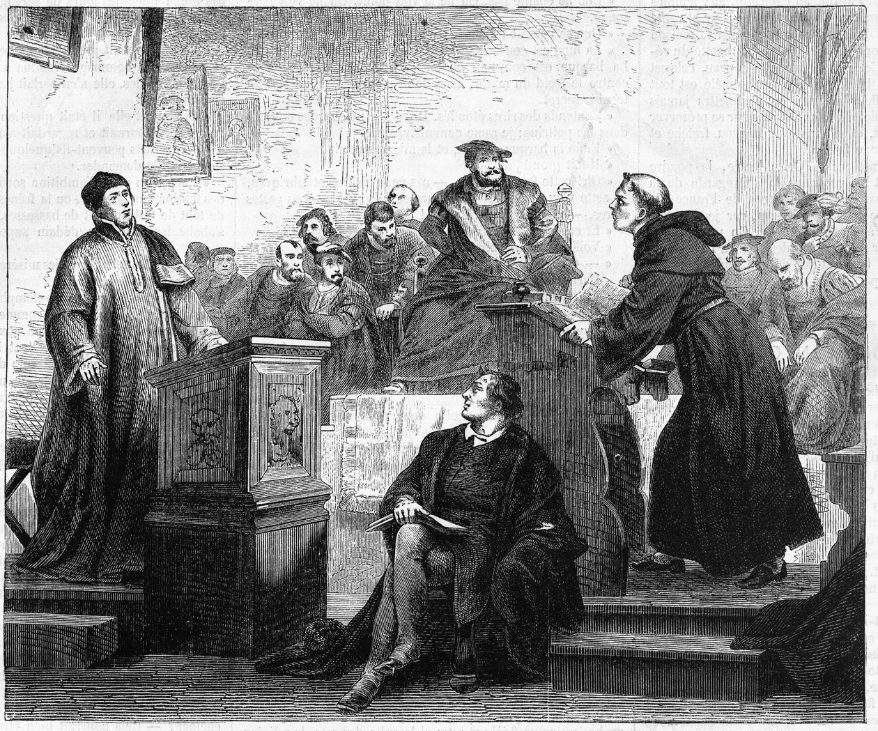 Johann Maier kendt som Johann Eck (1486-1543), tysk katolsk teolog og Martin Luther (1483-1546), tysk protestantisk teolog og reformator i Pleissenburg i 1519. af Unknown artist