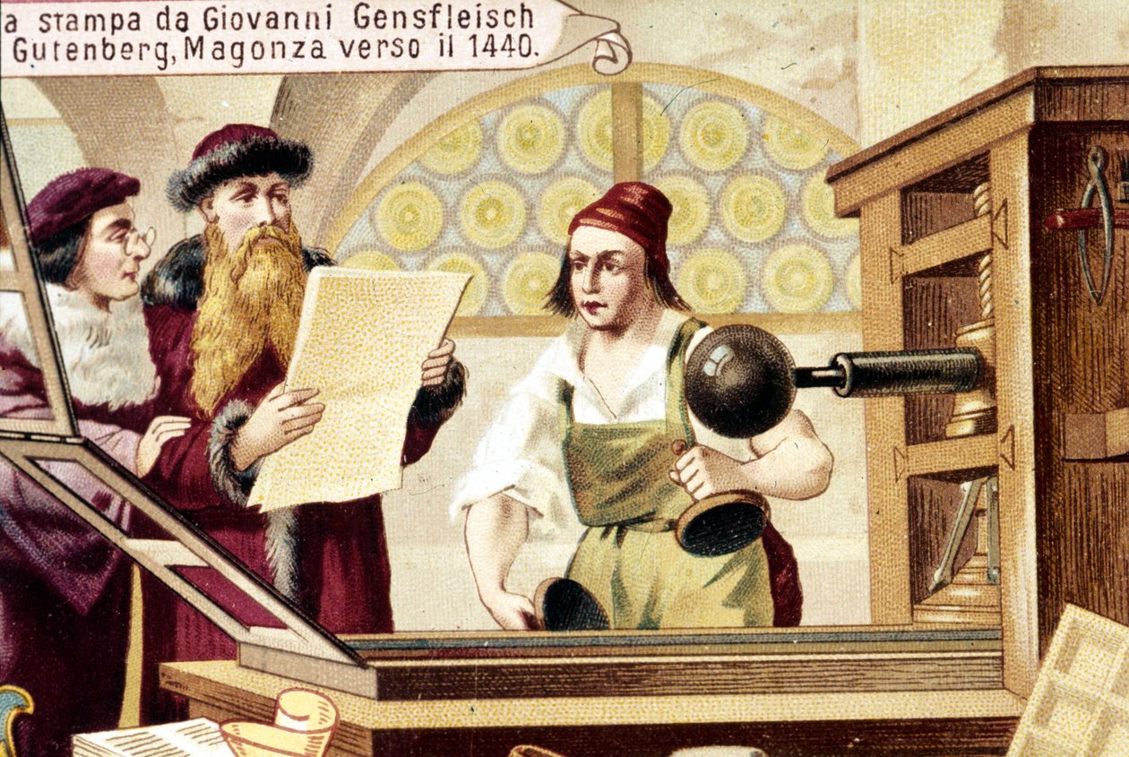 Johannes Gensfleisch Gutenberg (1400-1468). ca. 1440. 1800-tallets kromolitografi. af Unknown artist