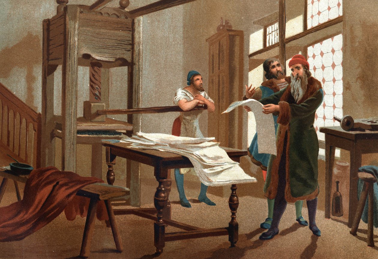 Johannes Gutenberg (1400-1468), tysk bogtrykker, der trykker det første ark af Bibelen. efter berømte mænd og kvinder. Barcelona 1877. af Unknown artist
