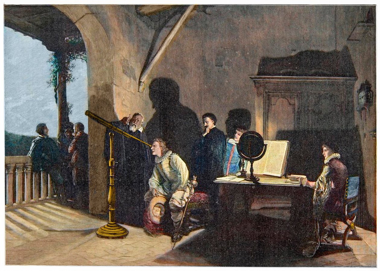 John Milton (1608-1674) besøger Galileo Galilei under Miltons italienske rundrejse i 1638-1639. gravering af Unknown artist