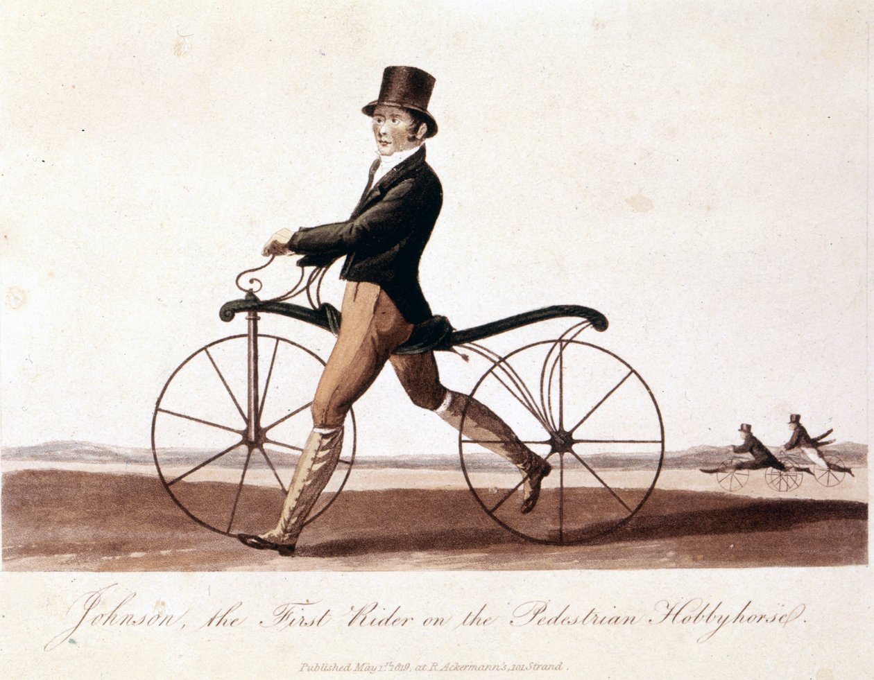 Johnson på cykel. Dette er modellen opfundet af Baron von Drais: Draisienne. Den var lavet af træ, og der var endnu ingen pedaler. Farvelitografi fra 1819 af Unknown artist