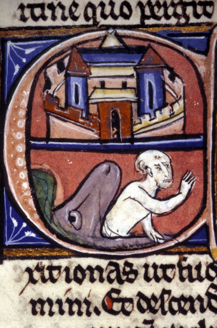 Jonas bliver efter tre dage og tre nætter tilbragt i maven på en kæmpe fisk, kastet op af dyret. 14. århundredes manuskript. Biblioteca nazionale braidense, Milano. af Unknown artist