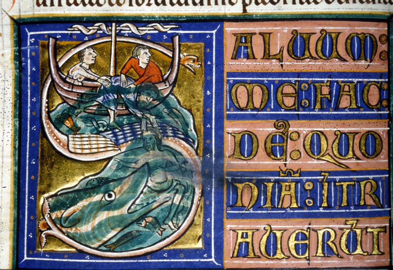 Jonas bliver kastet i havet og fortæret af en kæmpe fisk. 14. århundredes manuskript. Kommunal Bibl. af Vercelli. af Unknown artist