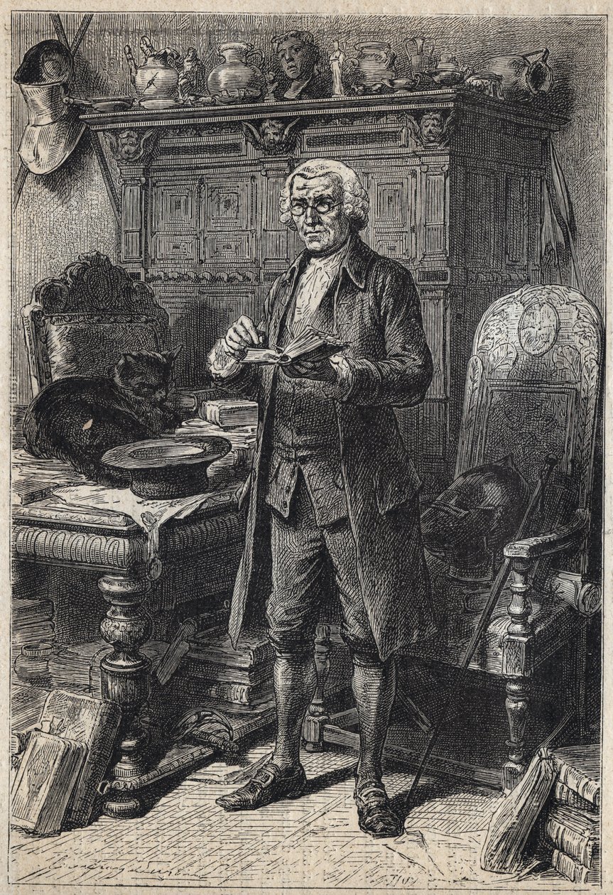 Jonathan Oldenbuck (eller Aldinbbuck) - illustration fra det 19. århundrede til romanen "The Antiquary" af Walter Scott (1771-1832) af Unknown artist