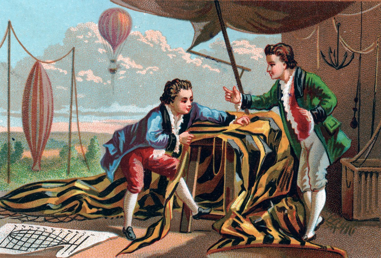 Joseph (1740-1810) og Etienne (1745-1799) de Montgolfier (brødre) opfandt aerostater i 1783. Sen kromolitografi af det 19. århundrede. af Unknown artist