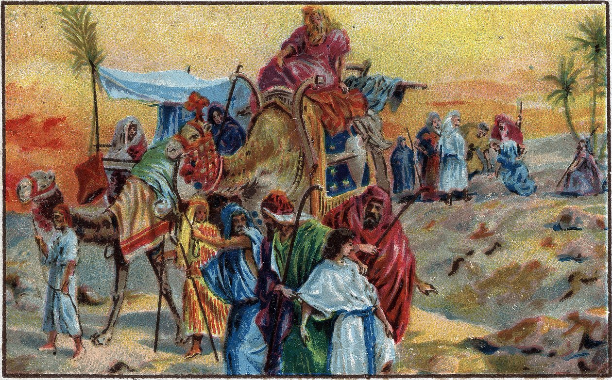 Joseph solgt af sine brødre - Josef solgt af sine brødre (1. Mosebog 37.1-36) - Kromolitografi fra slutningen af det 19. århundrede. af Unknown artist