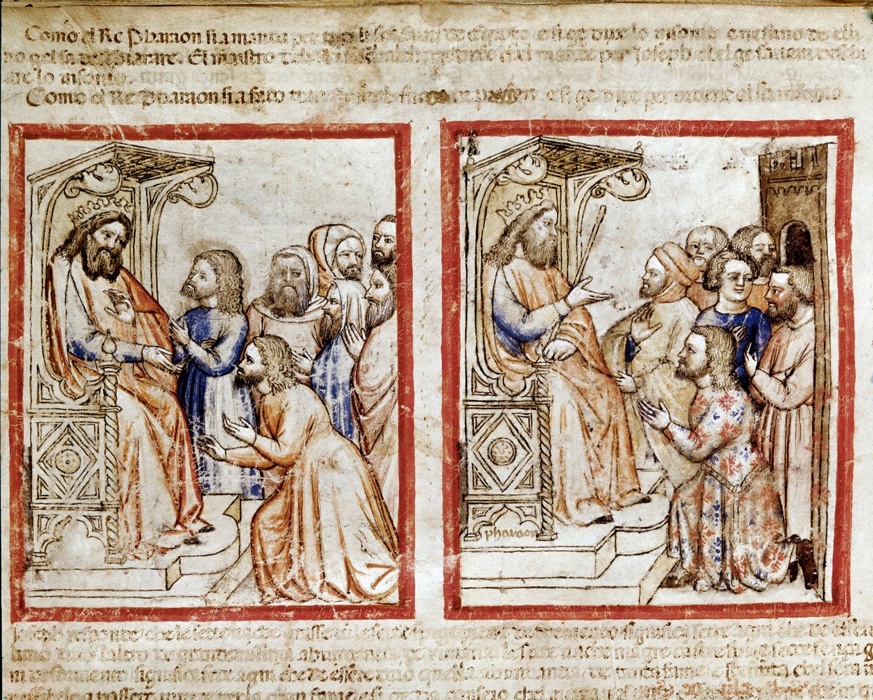 Joseph og hans brødre henvender sig til Farao, brødrene forlader efter at have solgt Joseph som en miniatureslave fra codex 212 (eller padovano codice eller Bible of Padua) 1390-1400 Rovigo, Accademia dei Concordi af Unknown artist