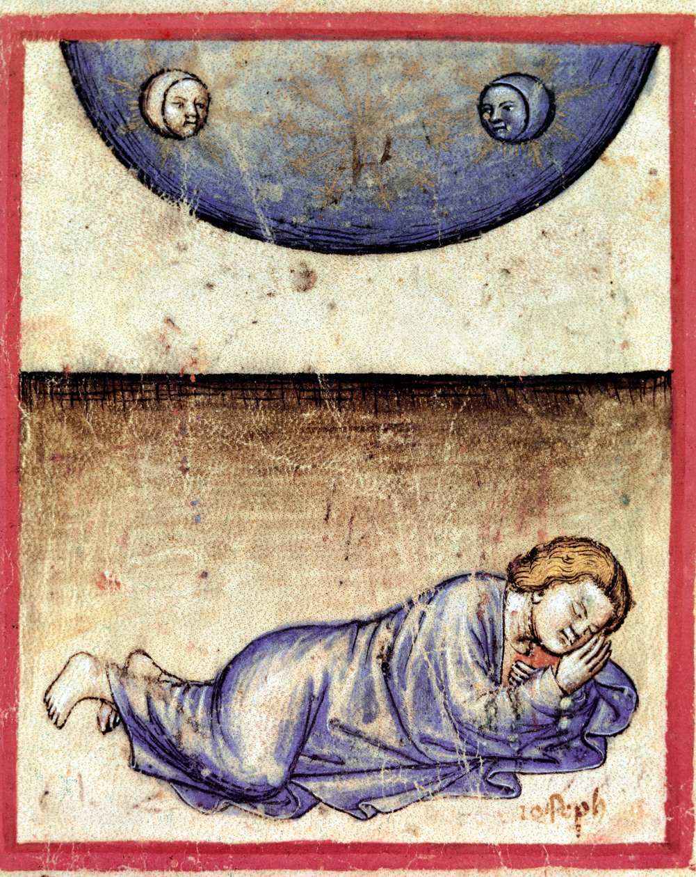 Joseph drømte, at solen, månen og elleve stjerner bøjede sig foran ham Miniature fra codex 212 (eller padovano codice eller Bible of Padua) 1390-1400 Rovigo, Accademia dei Concordi af Unknown artist