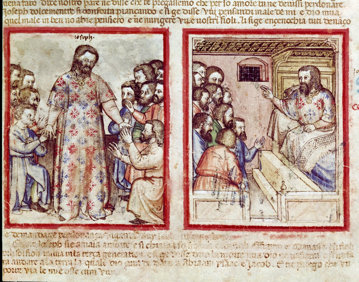 Joseph alvorligt syg i en alder af 110 tilgiver sine brødre, der lægger sig ned for ham Miniature fra codex 212 (eller padovano codice eller Bible of Padua) 1390-1400 Rovigo, Accademia dei Concordi af Unknown artist