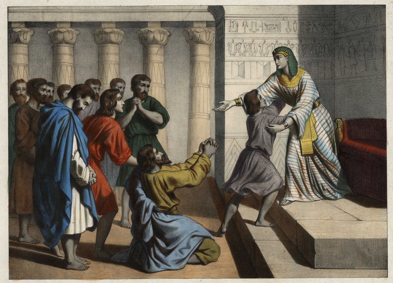 Patriarken Josef, kaldet Vizir af Egypten, bliver anerkendt af sine brødre, der fik ham til at tro på sin død og bede om tilgivelse. Anonym gravering af det 19. århundrede. af Unknown artist