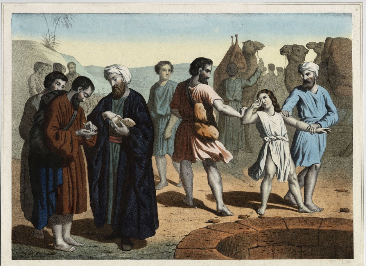 Patriarken Josef, solgt af sine ti jaloux brødre, der ønsker at få ham til at forsvinde. Anonym gravering af det 19. århundrede. af Unknown artist