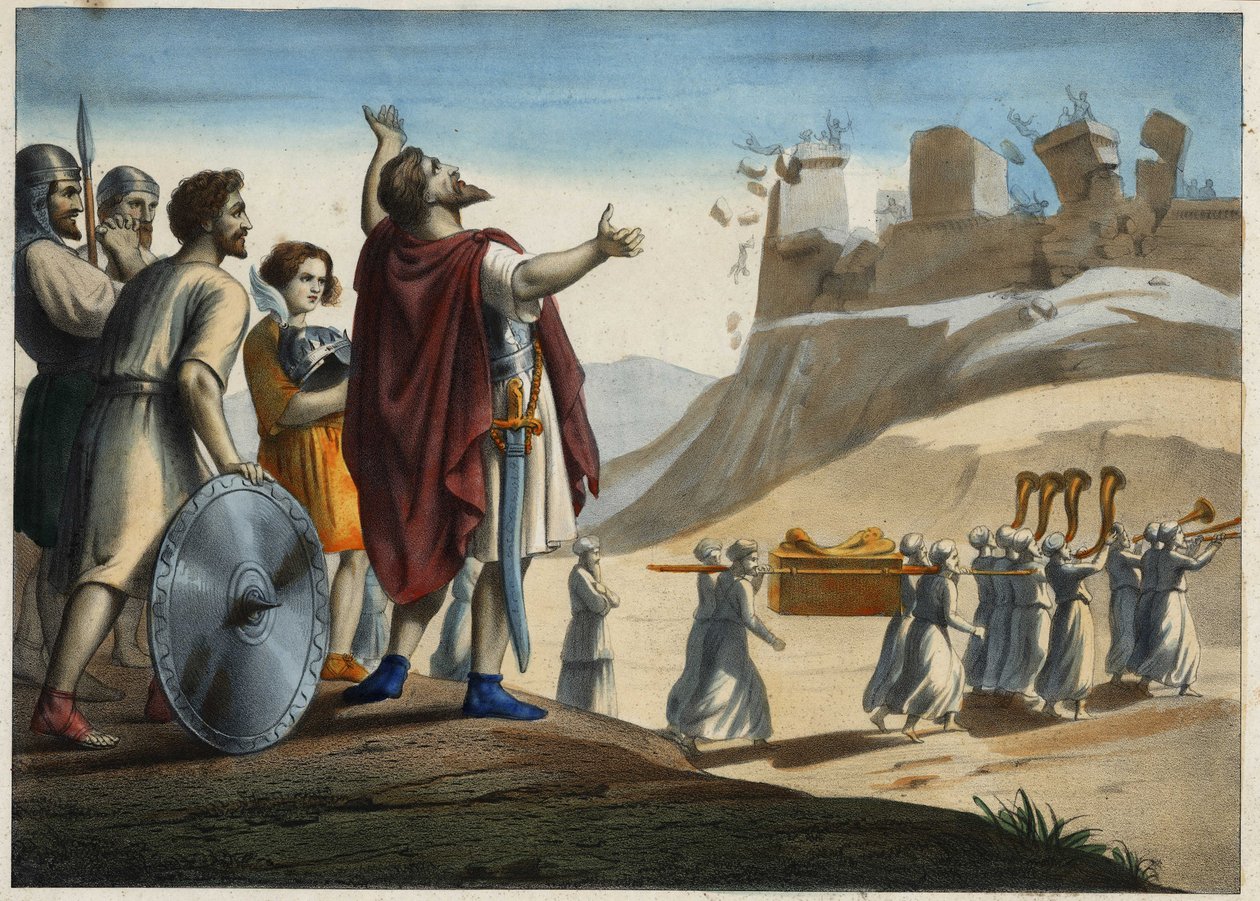 Joshua før byen Jeriko (den første by indtaget af Joshua og jøderne under erobringen af det forjættede land). Væggene smuldrer til lyden af trompeterne. Anonym gravering af det 19. århundrede. af Unknown artist