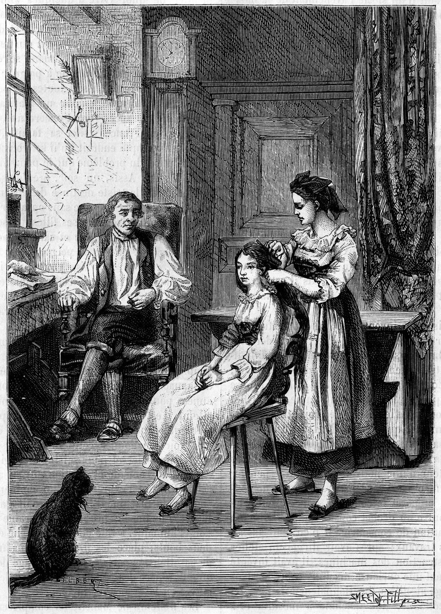 Josue Heilmann (1796-1848), en fransk opfinder, observerer sine døtre rede deres hår. Han iførte sig selv i denne scene for at skabe den mekaniske kam i 1843. Indgravering i "" La Nature: revue des sciences et de ses applications aux arts et a l