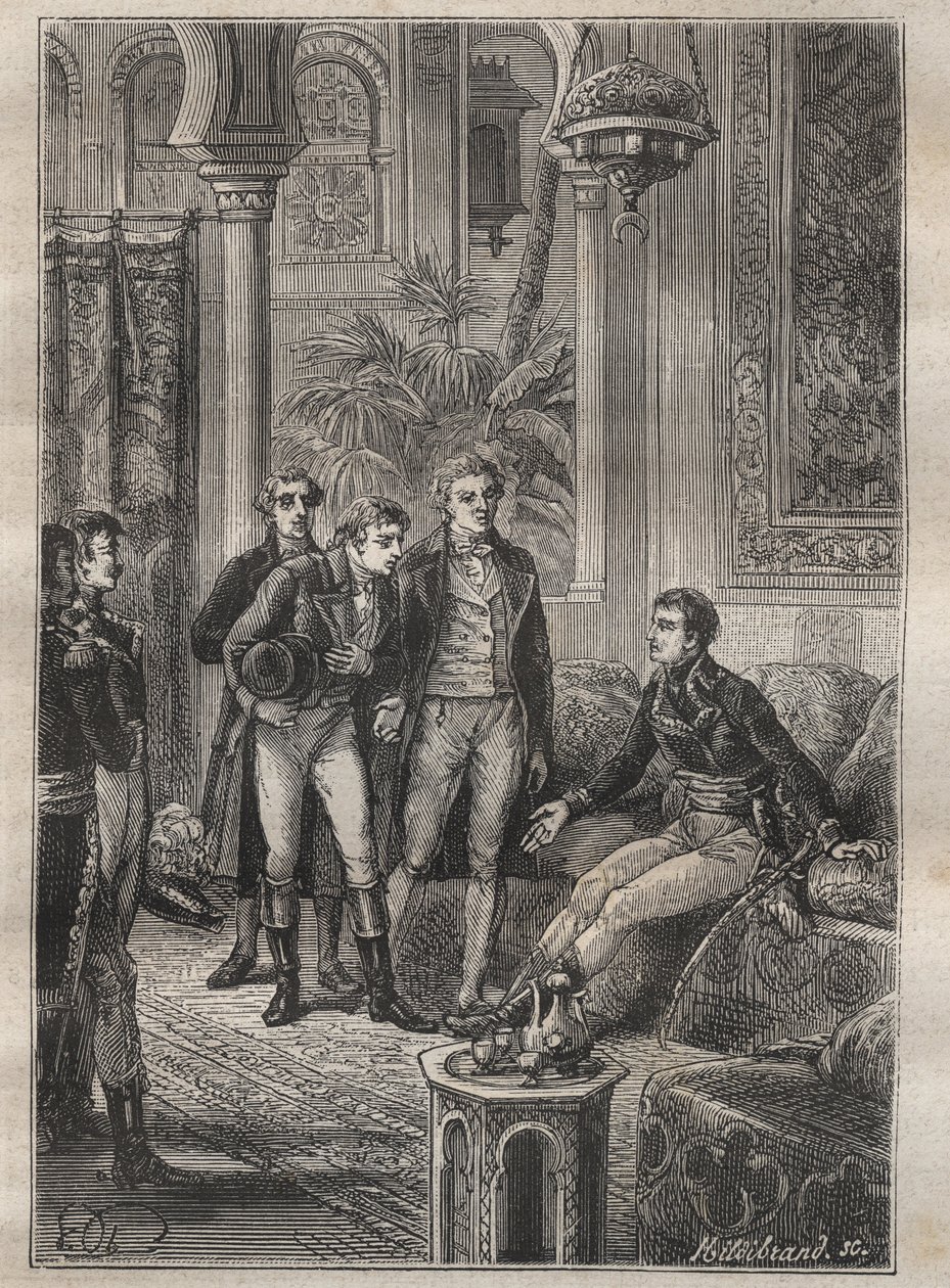 Rejse (1798) af Frederic Conrad (Konrad) Hornemann (1772-1801) til Fezzan (Libyen): Hornemann bliver budt velkommen af Bonaparte i Cairo (Ægypten) - illustration fra "The Great Mariners of the 18th century"" af Unknown artist