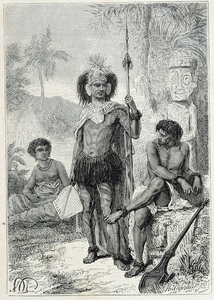 Kaptajn James Cooks rejse (1728-1779): indfødte på Marquesas-øerne - illustration taget fra "The Great Mariners of the 18th century"" af Unknown artist
