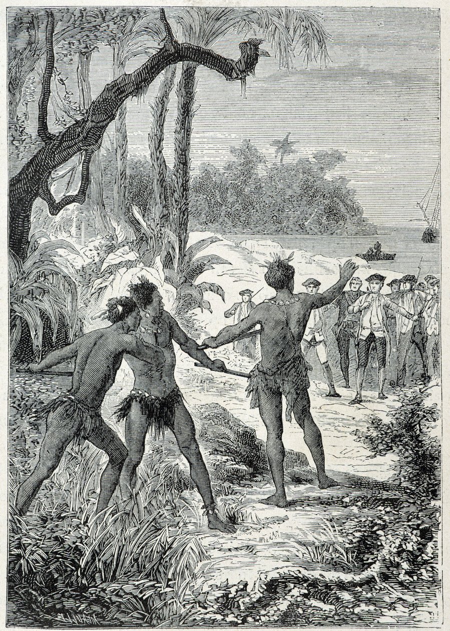 Kaptajn James Cooks (1728-1779) rejse til New Guinee: det første møde med de indfødte, illustration taget fra "The Great Mariners of the 18th century"" af Unknown artist