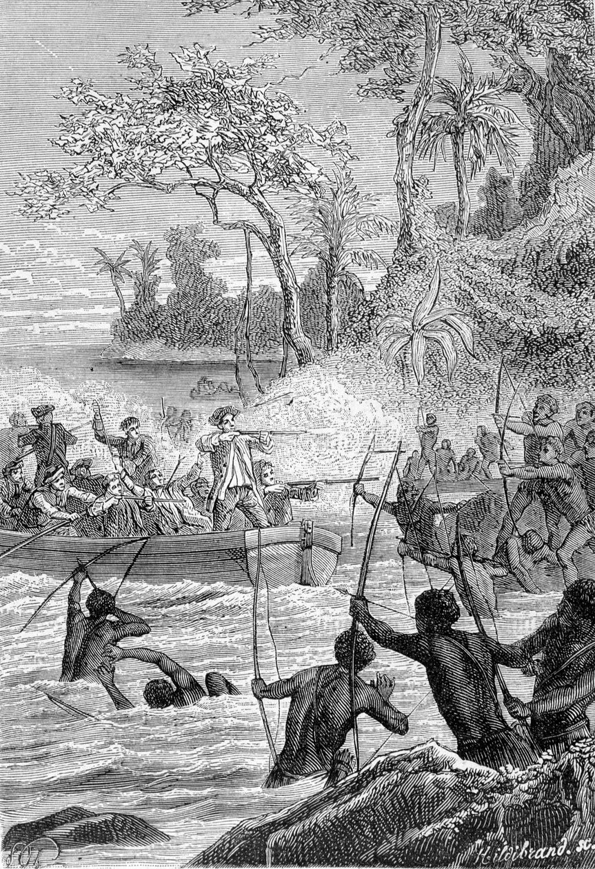 Rejse af Carteret i Ils of Santa Cruz, ikke til øen Nendo (Santa Cruz, Ndeni, Nitendi eller endda Ndende): Angreb af de indfødte med pileslag - illustration taget fra "The Great Mariners of the 18th century" ” af Unknown artist