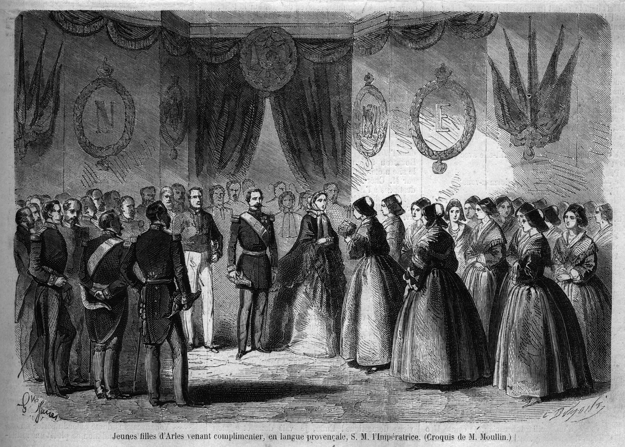 Kejser Napoleon III (1808-1873) og hans hustru Eugenie de Montijo (1826-1920) rejse til hertugen af Savoyen efter annekteringen af greven af Savoyen (Marts Torino-traktaten): her møder det kejserlige par, der besøger Arles, unge piger fra regionen. Engr af Unknown artist