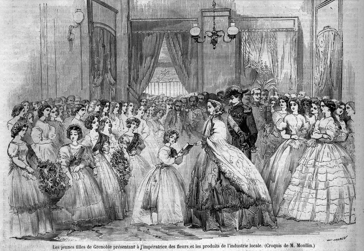 Kejser Napoleon III (1808-1873) og hans hustru Eugenie de Montijos (1826-1920) rejse til hertugen af Savoyen efter annekteringen af greven af Savoyen (Marts Torino-traktaten): her møder det kejserlige par på besøg i Grenoble unge piger, som kom til at præs af Unknown artist