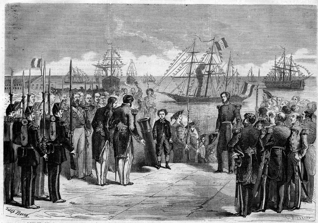 Hans Majestæt den kejserlige Prins Napoleon Eugene Louis Jean Joseph Bonaparte (1856-1879), søn af Napoleon III, til Cherbourg, Frankrig: Prinsen om bord på yachten "Queen Hortense"". Indgravering i ""Det illustere univers"" af Unknown artist