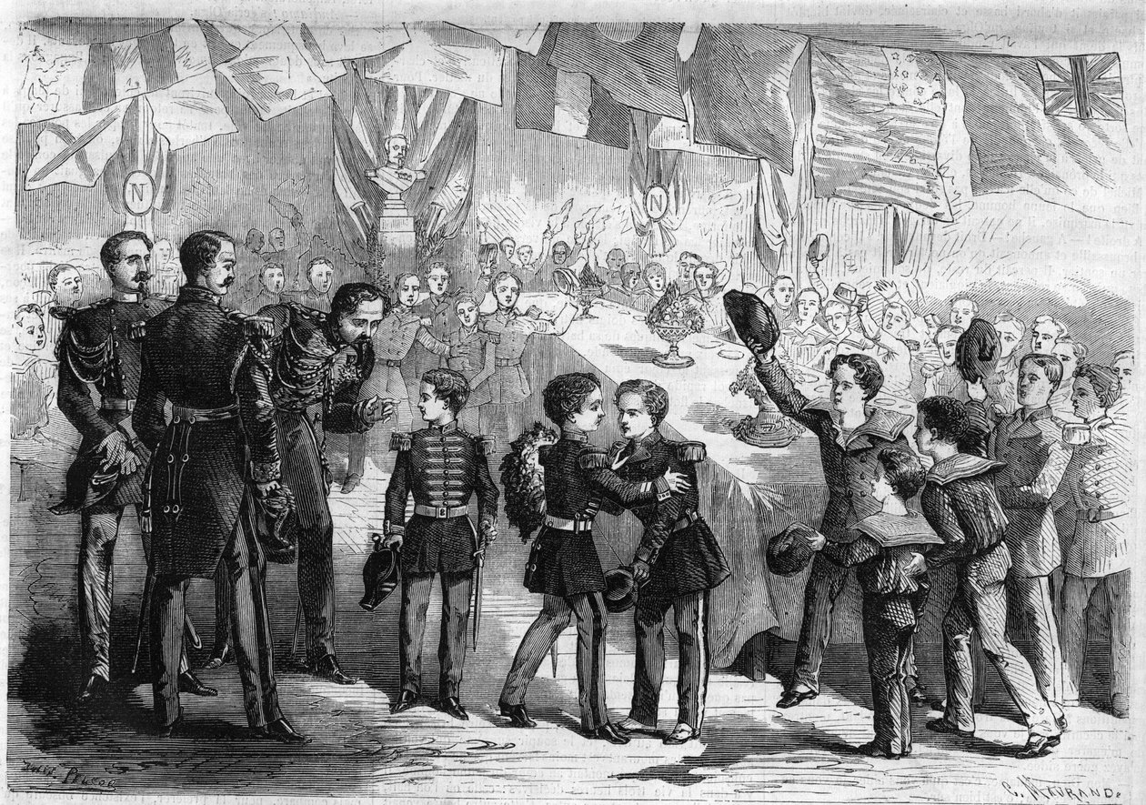 Hans Majestæt den kejserlige Prins Napoleon Eugene Louis Jean Joseph Bonaparte (1856-1879), søn af Napoleon III, til Cherbourg, Frankrig: mosser og børn af tropper tilbyder en buket til prinsen. Indgravering i ""Det illustere univers"" af Unknown artist