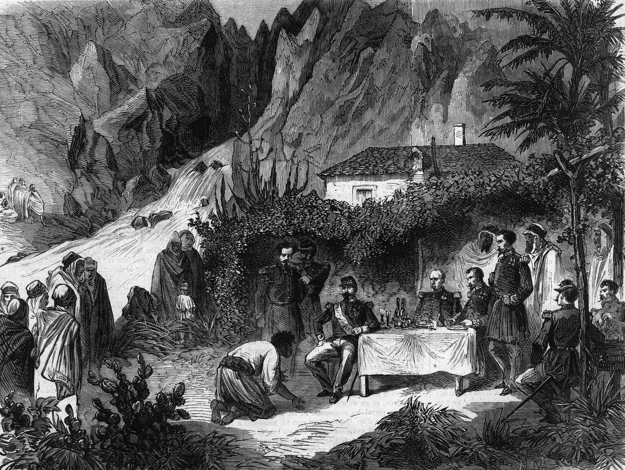 Napoleon III, franskmændenes kejser, rejse til Algeriet. September 1860. Napoleon III frokost ved abernes bæk modtager Barka. Stik fra 1865. af Unknown artist