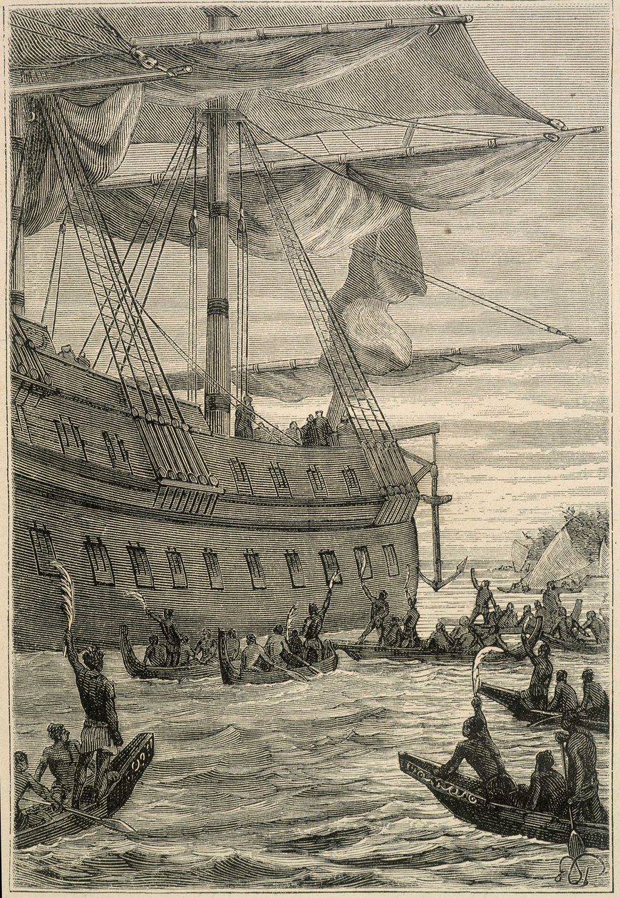 Journey of Samuel Wallis (1728-1795) til Polynesien: Indfødte mennesker, der holder banangrene i hånden som en velkommen hilsen - illustration fra “The Great Mariners of the 18th Century” " af Unknown artist